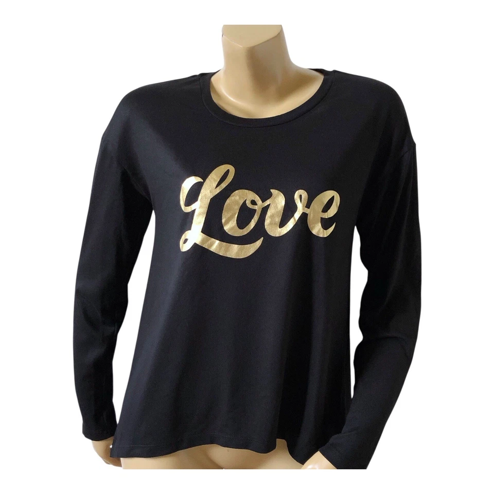 Camisa KIKIT Mujer Talla Mediana Negra Manga Larga LOVE Tejido Elástico Dobladillo Mordedura de Tiburón Foto 1 de 4