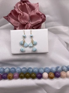 14K Gold Larimar Earrings Natural Briolette Handmade FINEST - Picture 1 of 9