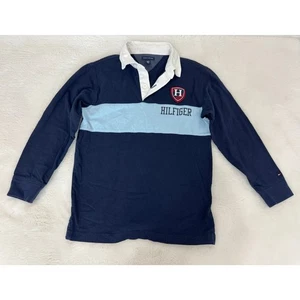 Tommy Hilfiger Boys 8/10 Rugby Shirt Navy Light Blue Colorblock Crest Logo - Picture 1 of 7
