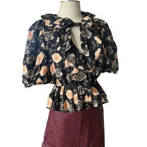 Blusa Ulla Johnson Talla 4 Nadya Negra Gardenia Floral Volantes Algodón Peplum  - Imagen 1 de 6