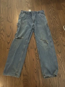 Carhartt FR 2112 CAT2 Carpenter Jeans Blue Cotton Size 35x34 Men's Zip FRB13 DNM - Picture 1 of 9