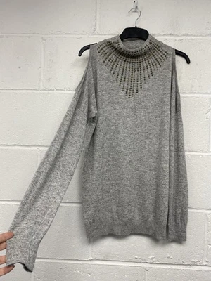 Wallis Grey Cold Shoulder High Neck Stud Detail Wool Mix Jumper Size M PT - Image 1 of 4