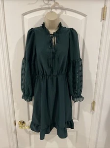 Kirundo Green S Mock Ruffle Neck Chiffon Long Lantern Sleeve Mini Dress - Picture 1 of 14