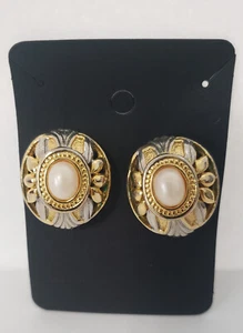 Vintage Earrings Clip On Shiny Metal Gold & Silver Tone White Stone Statement 1" - Picture 1 of 4
