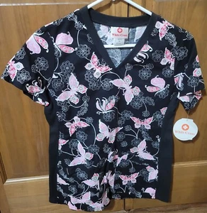 NWT - WHITE CROSS BRAND FLEXIBLES SCRUB TOP BLACK W/PINK BUTTERFLIES IN SZ - XS - Picture 1 of 3