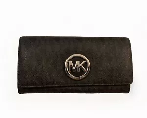 Cartera grande MK Michael Kors Fulton continental de cuero granulado negro con solapa - Imagen 1 de 13