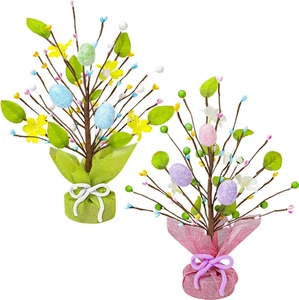 Easter Decorations, 2 Pack Easter Artificial Tree Tabletop with Colorful Eggs Fl - Picture 1 of 12