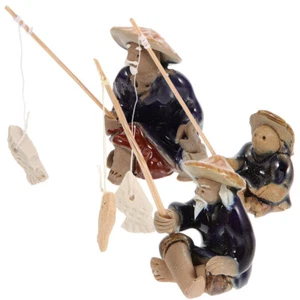 3 Pcs Ceramic Character Ornaments Fishing Figurine Asian Fisherman Chinese Mud - Picture 1 of 12