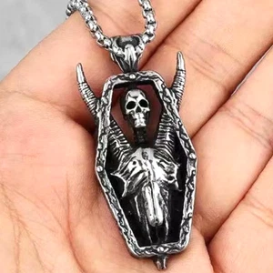 "Collar colgante de plata Baphomet cráneo de cabra ataúd cadena de joyería gótica 24" - Imagen 1 de 5