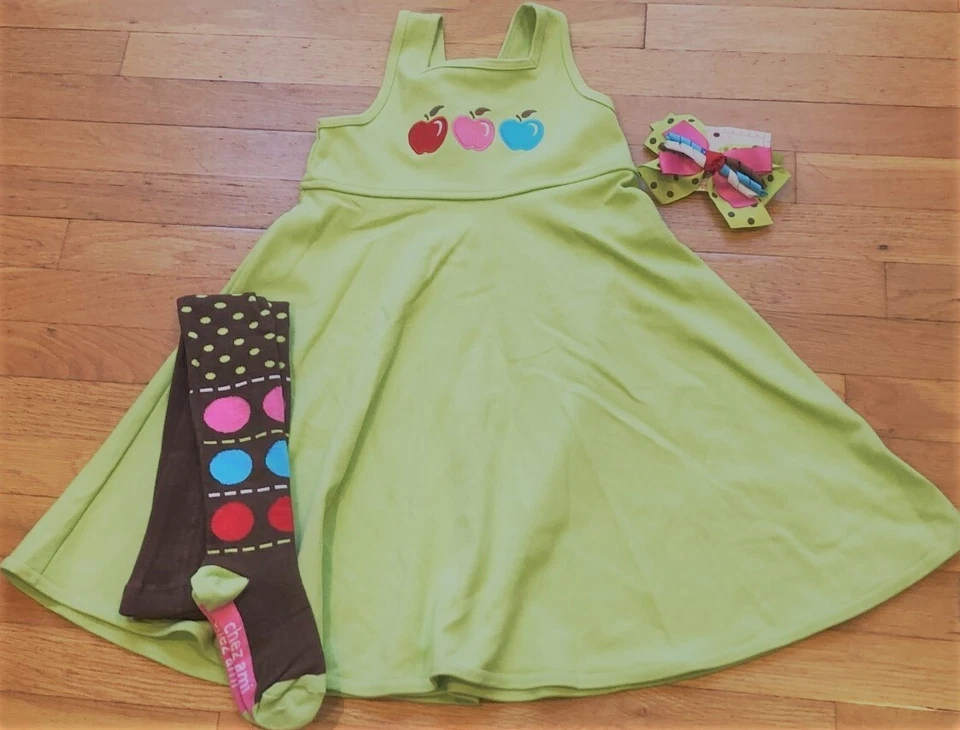 New 3pc Boutique Chez Ami Patsy Aiken Gingerbread Jumper Dress Tights Bow 7 NWT - Image 1 of 4