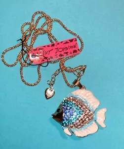 Betsey Johnson Rhinestone Crystal Enamel Betta Blue Fighting Fish Necklace 3D - Picture 1 of 5