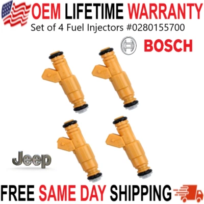 OEM Bosch x4 Fuel Injectors for 1989-1998 Jeep Cherokee Wrangler I4 #0280155700 - Image 1 of 4