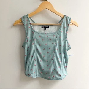 [freshman] cherry print corset seam pointelle tank top light blue XL - Picture 1 of 5