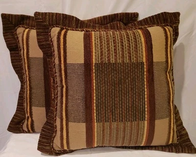 Juego de 2 almohadas a rayas marrones, 16x16 pulgadas con ribete, multitexturadas Foto 1 de 4