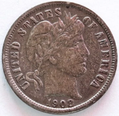 1908 SILVER UNITED STATES BARBER DIME COIN EXTREMELY FINE CONDITION - Image 1 of 2