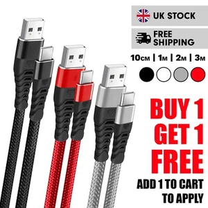 USB A to Type C 3.1A Fast Charging Cable Nylon Braided Long Lead 15CM 1M 2M 3M - Picture 1 of 11