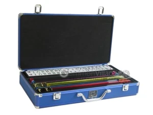 Mah Jongg Set - White/Blue Tiles, Classic Pushers, Blue Aluminum Mahjong - Picture 1 of 7