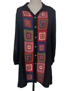 NEW John Mark Women's L Black Tunic Shirt Wire Collar Crochet Patchwork Design - Picture 1 of 14