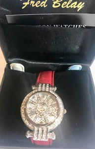 Fred Belay women's Watch Silver Tone Unique Case White Dial Brown Leather Band - Picture 1 of 3