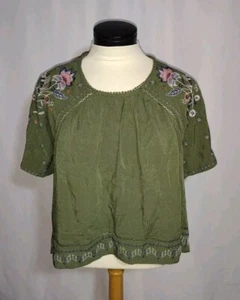Knox Rose Top Womens XS Olive Green Embroidered Hi Low Short Sleeve Boho New - Picture 1 of 6