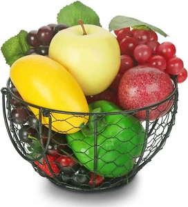 Round Wire Basket Black Fruit Basket Bowl Fruit Holder for Kitchen with Handle B - Picture 1 of 6