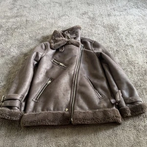 Warehouse Wildleder Fliegerjacke Kunstfell Grau UK12 - Bild 1 von 6