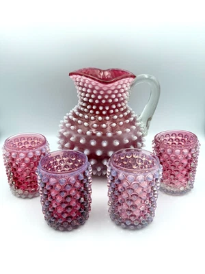 Antique Dewdrop (Hobnail) Cranberry Opalescent Pitcher with 4 Flat Tumblers - Image 1 of 4