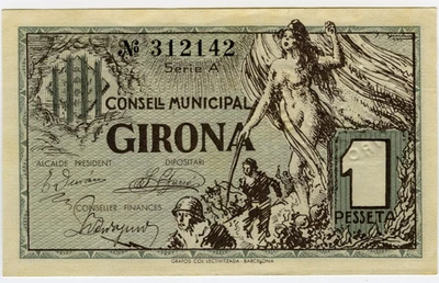☆ SPAIN CIVIL WAR 1937 • GIRONA 1 PTA. MUNICIPAL ☆ GUERRA CIVIL ESPAÑOLA  ☆D1530 - Image 1 of 2