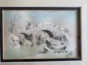 1894 ORIGINAL PENCIL & WATER COLOUR BRIDGE OVER STREAM E M BYERS DOUBLE MOUNT - Picture 1 of 3