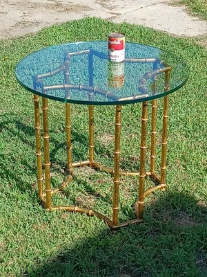 Chinoiserie Faux Bamboo Gilded Iron & Glass Table Hollywood Regency Side Stand - Image 1 of 4