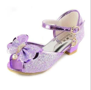 Kids Girls Sequins Bowknot Peep Toe High Heels Dress Shoes Princess Shoe Size FU - Picture 1 of 14