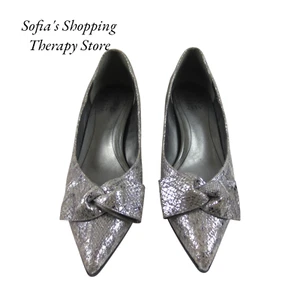 Naturalizer 7.5 Mavis Bow Pointed Toe Pump Leather Silver Metallic Snake Print - Picture 1 of 9