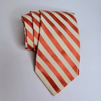 Brooks Brothers Silk Cotton Blend Tie, Diagonal Cream and Orange Stripe Necktie - Image 1 of 4