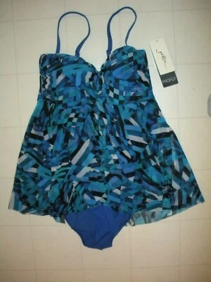 Profile by Gottex Blue Stripe Party 1 PC Flyaway Bandeau Swimsuit Sz 10 NWT  - Image 1 of 2