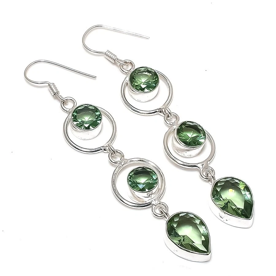 Brinco de prata esterlina 925 feito à mão com pedra preciosa de ametista verde tamanho 2,5" - Imagem 1 de 1