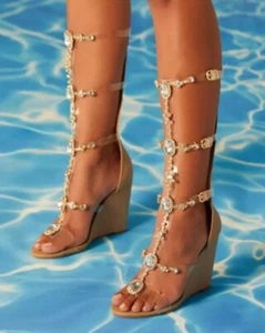 Shoedazzle Yulanda Beige Jeweled Gladiator Platforms Sandals Sz.8 - Picture 1 of 9