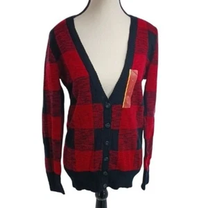 Mossimo Cardigan Sweater Red Black Buffalo Plaid V Neck Womens Size S - Picture 1 of 6