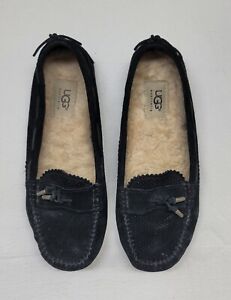 Women's UGG Roni Perforated Black Suede Slippers With Tassels  Size  8