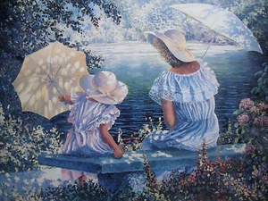 Yanush Godlewski " Springtime Afternoon" Mother & Daughter by lake with umbrella - Picture 1 of 2
