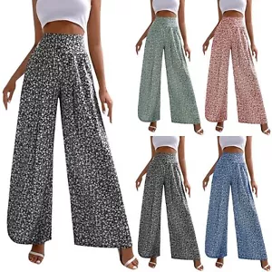 Womens Casual Palazzo Pants Elastic Waist Lounge Long Pajama Wide Leg Trousers - Picture 1 of 12