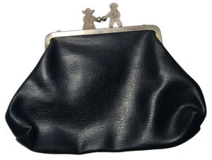 Vtg Large Clutch Change Purse Dutch Man Woman Kiss Latch Black Imitation Leather - Picture 1 of 6