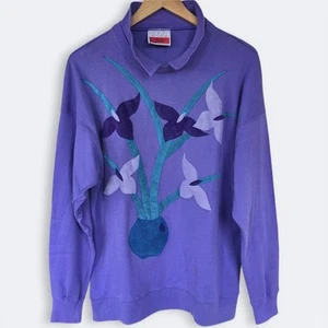 Vintage 90s Purple Collared Sweatshirt Suede Flower Applique Women L Grandma USA - Picture 1 of 17