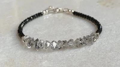 Bracciale/Cavigliera Spinello Nero + Diamante Bianco Herkimer Quarzo Pietre... - Immagine 1 di 4
