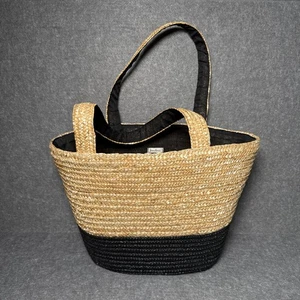 NEIMAN MARCUS Straw Woven Beach Shoulder Black Wheat Fabric Lined 16" Tote Bag - Picture 1 of 9