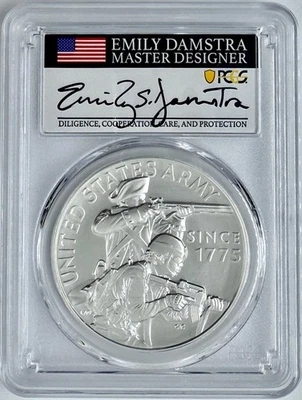 (2024-P) U.S. Army 1 Oz Silver Medal PCGS MS 70 FDOI Emily Damstra Signed Mint - Image 1 of 2