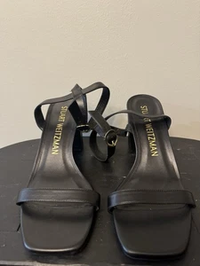 STUART WEITZMAN Womens Black Nearlybare Toe Block Heel Leather Heeled Sandal 9 B - Picture 1 of 10