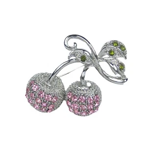 Cherry Fruit Brooch Pin Silvertone VTG 2.6 In Leaf Pink Rhinestones Cherries - Picture 1 of 4