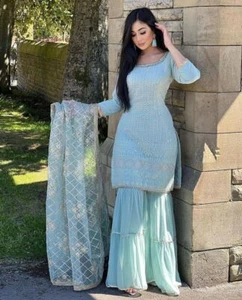 Nuevo Traje Palazzo Georgette Imitación Azul Cielo Presentación Con Dupatta Para Recepción - Imagen 1 de 9