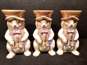 3 Vintage Ceramic Iridescent Lusterware Bunny Egg Cups Top Hats Vest (One AS-IS) - Picture 1 of 9