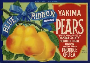 Rara etichetta cassa di pere marca nastro blu - Yakima Washington - 1945 circa - Foto 1 di 1